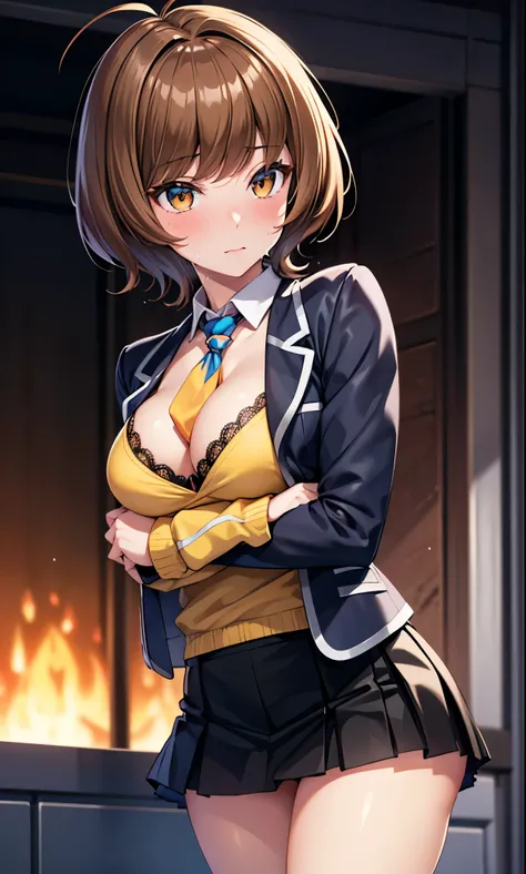 1 Female,High definition,high resolution,Ultra-realistic,8K,hmza, short hair, antenna hair, brown eyes, school uniform,( blue necktie), (yellow shirt),(black jacket), long sleeves, black skirt,tight skirt , ((miniskirt)),standing, solo,  standing, masterpi...