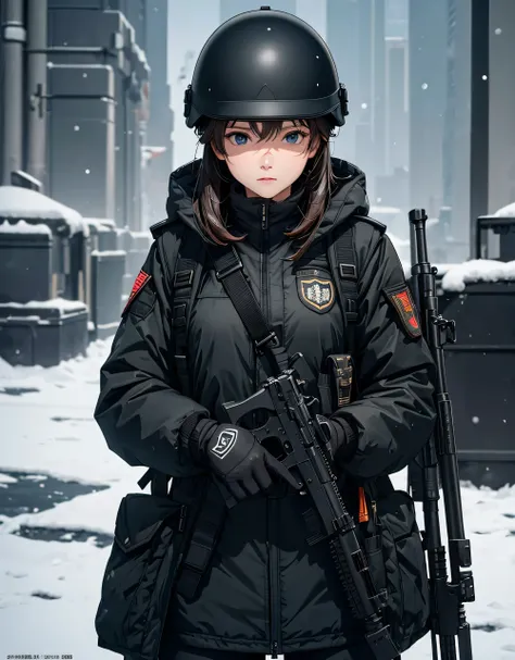 one female soldiers in black thick coats、 Wear a helmet 、Standing guard at the front、Winter gloves ，Tactical shoulder strap、Magazine Pouch、 Holding a gun， Winter military base ， write details、 masterpiece、 are of the best quality 、High precision CG 、 8K Pi...