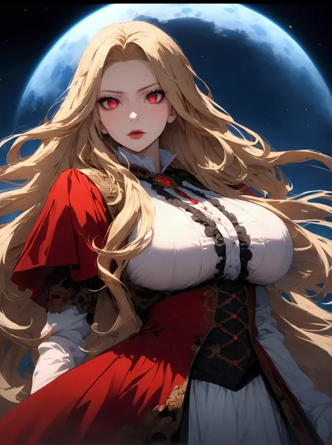 Solo, beautiful woman, tall, hot, 4k detailed eyes, detailed face, 4k, blonde hair, long hair, crimson red eyes, tall, hot, fully clothed, noble, blue moon, big boobs, vampire
