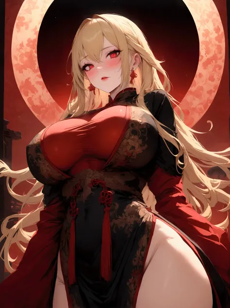 Solo, beautiful woman, tall, hot, 4k detailed eyes, detailed face, 4k, blonde hair, long hair, crimson red eyes, tall, hot, fully clothed, noble, red moon, big boobs, vampire, Chinese robe, horny
