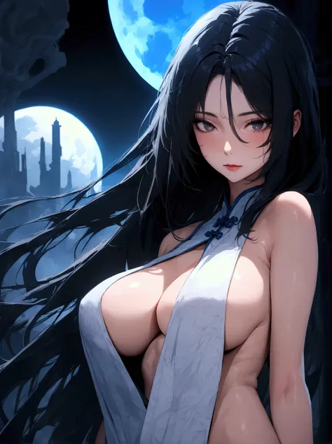 Solo, beautiful woman, tall, hot, 4k detailed eyes, detailed face, 4k, black hair, long hair, black eyes, tall, hot, naked, noble, blue moon, big boobs, Chinese robe, mature MILF