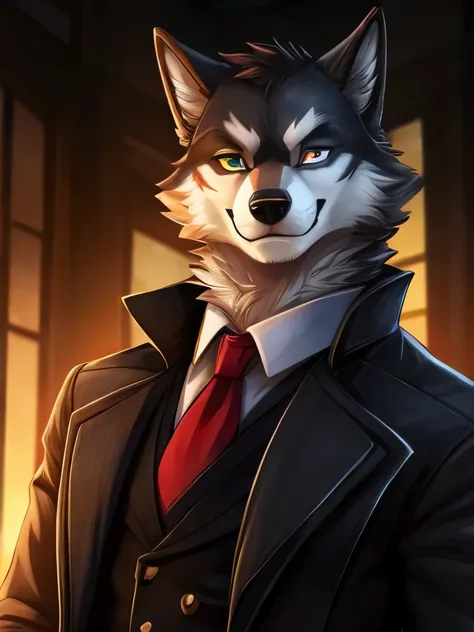 Anthropomorphic wolf detective,  Heterochromia,  overcoat brown , black vest,  red tie ,  white shirt 