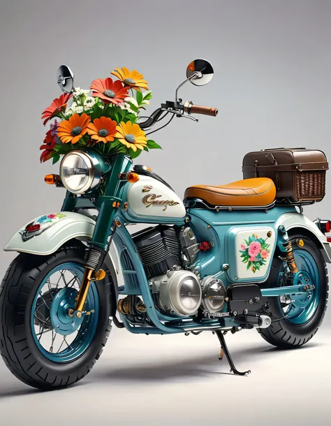 A retro electric motorcycle loaded with flowers, High-quality artworks created by master artists, best quality, Detailed Details