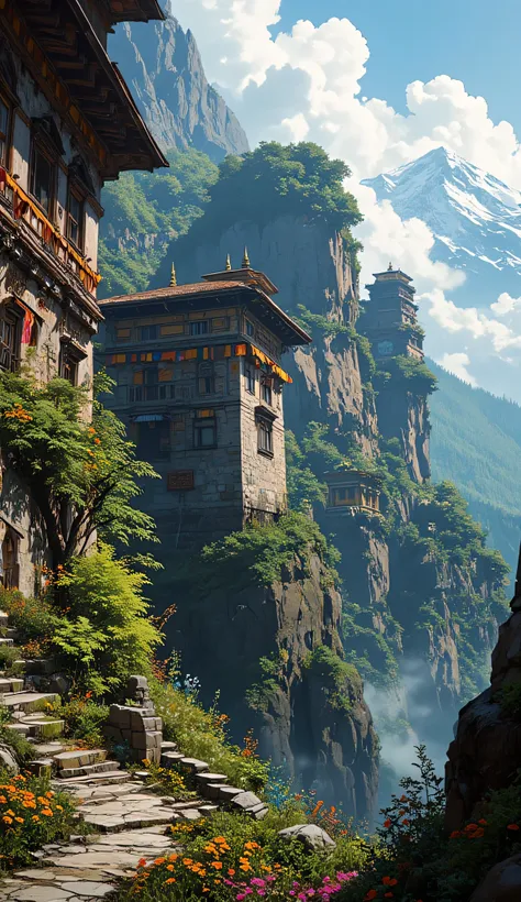 An ancient Buddhist monastery nestled amidst the dramatic landscapes of Bhutan. The scene features intricate carvings on weathered walls, vivid prayer flags, and blooming wildflowers cascading down terraced slopes, all set against a backdrop of misty, snow...