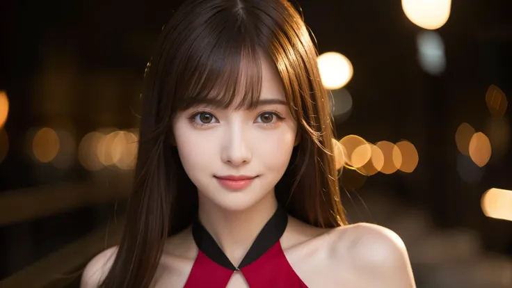 one 19 year old girl, (black and red dress), Raw photo, highest quality, photorealistic, very delicate and beautiful, very detailed, 8K wallpaper, High resolution, soft light, very detailed目と顔, beautifully detailed nose, detailed and beautiful eyes, cinema...