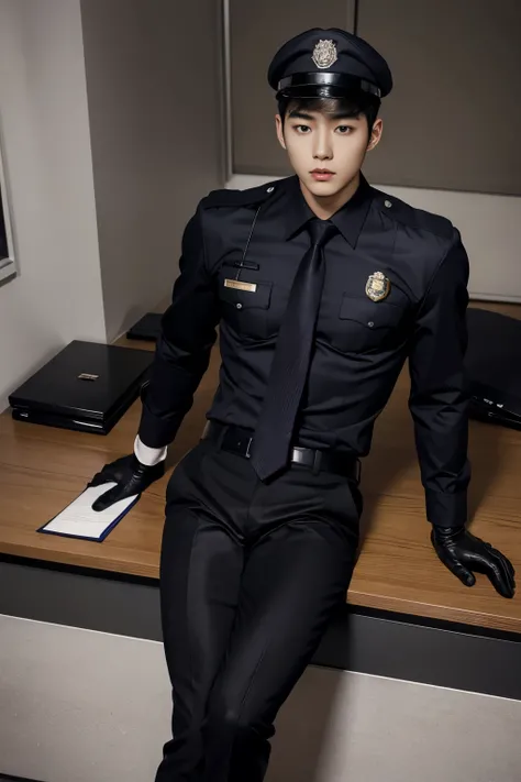 full body shot,A slim muscular, Handsome Korean boy idol is wearing a police uniform with a tie and black leather gloves. lay down Showing abs,  in office desk. sexy.try to rape.realistic high quality


