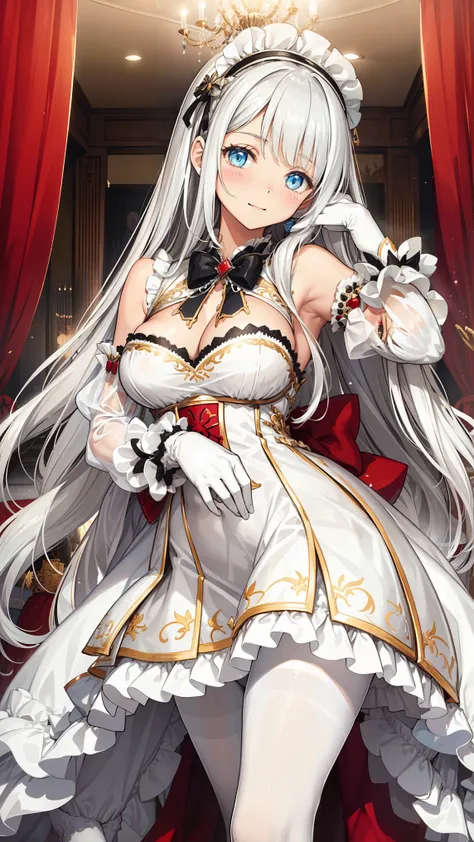  shakes ，Attractions， Have Fun ，in love，(Girl in a white modern shirt 、 tunic and pantyhose:1.2)，(  white ruffle bow gloves  )， silver hair ， golden eyes，Sacred headdress， transparent lace ，gorgeous dress ， alone，European bedroom，(night:1.1)，Delicate and b...