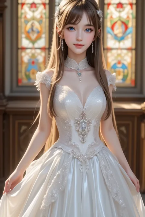 masterpiece, (full body shot including dress skirt:1.1),(super cute young face:1.3),(japanese idol face:1.3),very beautiful cute girl,(baby face:1.3),(thirteen years old:1.2),exquisite smooth and silky long brown straight hair,fair skin,(happy cheerful sm...