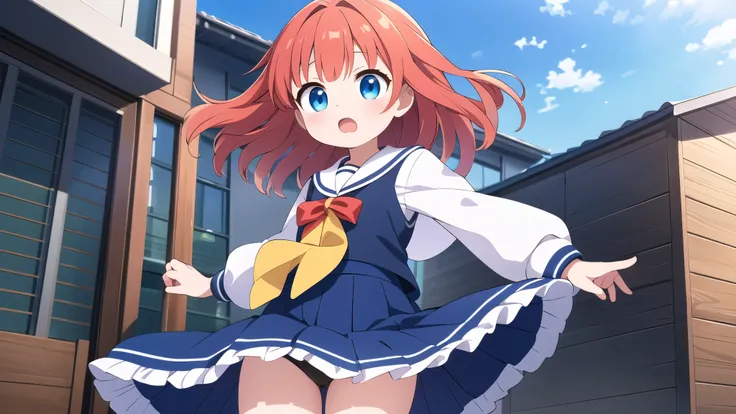 (( pulls clothes,  Wind Lift ,  pull the skirt)),  Masterpiece,  highest quality, (  Very elaborate CG Unity 8K Wallpaper ) ( highest quality), ( best illustrations), ( best shadow)、 blond、 Red Hair Ribbon 、、Hymen,  elementary school student 、 blue uniform...