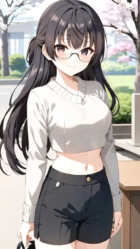 upper body, 1girl,Black hair, glasses, long hair,bangs,, medium breast, (( sweater, crop top, Short pants)),  (Background : Japanese festival, sakura tree, )