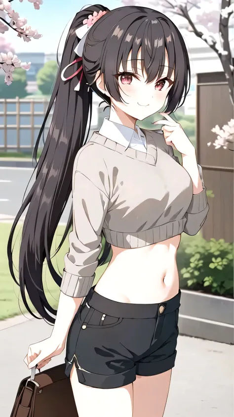 upper body, 1girl,Black hair, long hair, ponytail, bangs,, medium breast, (( sweater, crop top, Short pants)),  (Background : Japanese festival, sakura tree, )