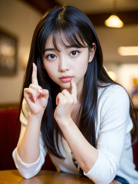 (Best-quality, Masterpiece, Ultra-High-Resolution, (Photorealistic:1.4), Raw Photo, depth of field, professional lighting, perfect anatomy, extremely details), 1girl, 15-years-old, the most famous Japanese idol, sitting in cafe, close-up of face, (((Twirli...