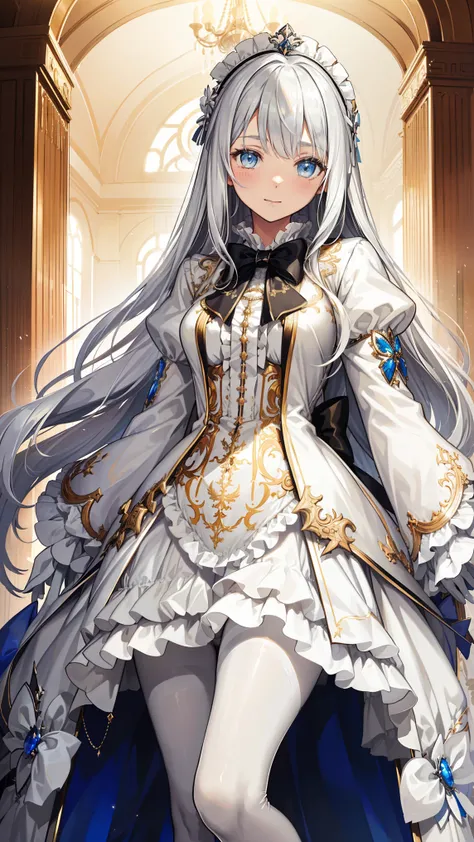 shakes ,Attractions, Have Fun ,in love,(Girl in a white modern shirt 、Phantom's Coat, tunic and pantyhose:1.2),( white ruffle bow gloves ), silver hair , golden eyes,Sacred headdress, transparent lace ,gorgeous dress , alone,European bedroom,(night:1.1)...