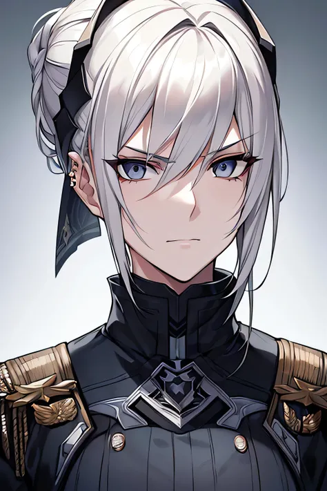 A highly detailed portrait of a tall, muscular female military officer with platinum blonde hair tied neatly into an updo. She has piercing steel-gray eyes that exude coldness and authority, and her pale, flawless skin adds to her intimidating presence. Sh...