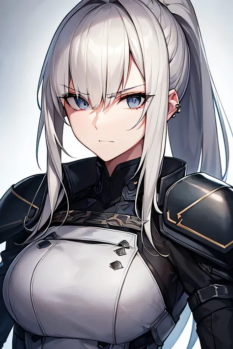 A highly detailed portrait of a tall, muscular female military officer with platinum blonde hair tied neatly into an updo. She has piercing steel-gray eyes that exude coldness and authority, and her pale, flawless skin adds to her intimidating presence. Sh...