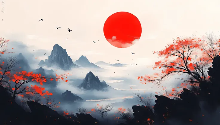 An abstract minimalist artwork inspired by East Asian ink wash painting. A vivid red tree with delicate branches and leaves is placed on a dark, jagged rocky landscape. The background features layered misty mountains in grayscale, with a bright red circula...