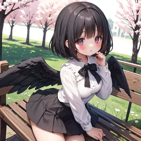 ( masterpiece) Pretty girl with straight black hair with white blouse in the center a heart and short skirt with black angel wings doing a tender pose in a cherry park