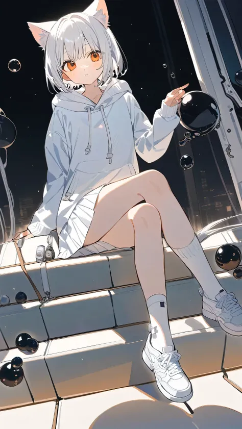  Short-haired girl with white cat ears wearing a white hooded sweater，White pleated dress wearing white small leather shoes white socks 