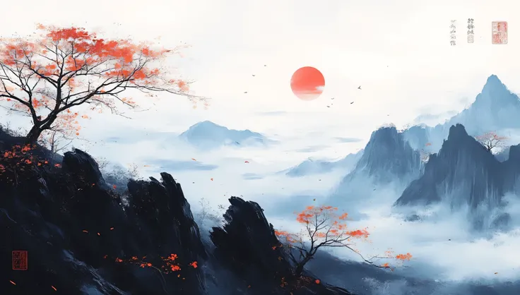 An abstract minimalist artwork inspired by East Asian ink wash painting. A tree with delicate branches and leaves is placed on a dark, jagged rocky landscape. The background features layered misty mountains , with a sun in the sky. The composition is sere...