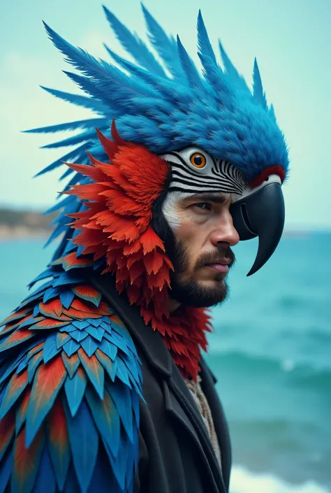 A man with a blue and red parrot head, And with a tabby body, And in the background a blue sea  