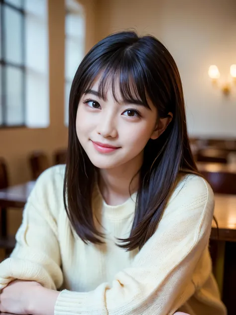 (Best-quality, Masterpiece, Ultra-High-Resolution, (Photorealistic:1.4), Raw Photo, depth of field, professional lighting, perfect anatomy, extremely details), 1girl, 15-years-old, the most famous Japanese idol, sitting in cafe, ((looking at viewer, innoce...