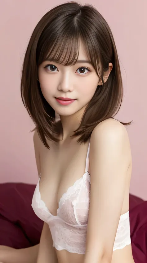 Masterpiece, top quality, high resolution, highly detailed,  perfect anatomy、 Perfect Limbs 、(nsfw), One person、woman、Age 19、 amazingly cute girl 、 bright smile、 detailed face、 beautiful and meticulous eyes、 Lots of  on Her Body 、( light brown hair)、 asymm...