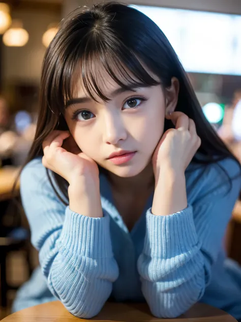 (Best-quality, Masterpiece, Ultra-High-Resolution, (Photorealistic:1.4), Raw Photo, depth of field, professional lighting, perfect anatomy, extremely details), ((at cafe, detailed cafe)), 1girl, 15-years-old, the most famous Japanese idol, (sitting, bent o...