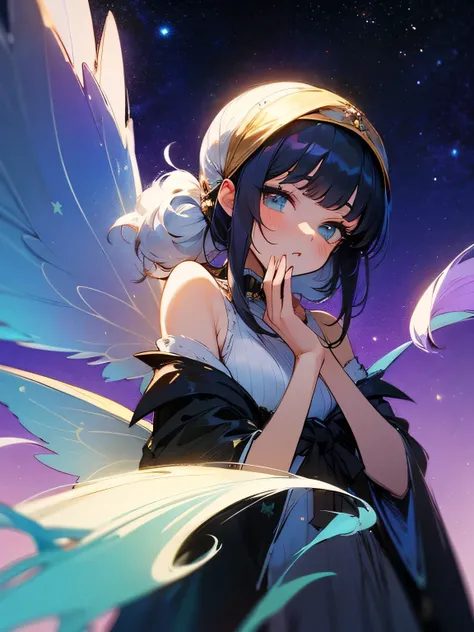 Fairy tale world,Alone,upperbody,black shoulder length hair,bangs,eyeshadow,eyelash, Idle,Turban,One Thousand and One Nights ,( Put your hands forward and blow), Aurora Night , Mysterious Fluff ,Starry Night, Fantastic Scenery,( manga style),(sketch),(illu...