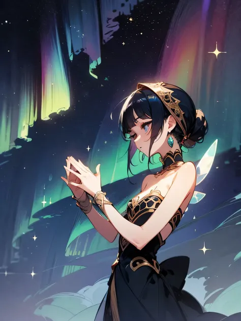 (sideview),Fairy tale world,Alone,upperbody,black shoulder length hair,bangsbeautiful face,eyelash, Idle,Turban,One Thousand and One Nights ,( Put your hands forward and blow), Aurora Night , Mysterious Fluff ,Starry Night, Fantastic Scenery,( manga style)...