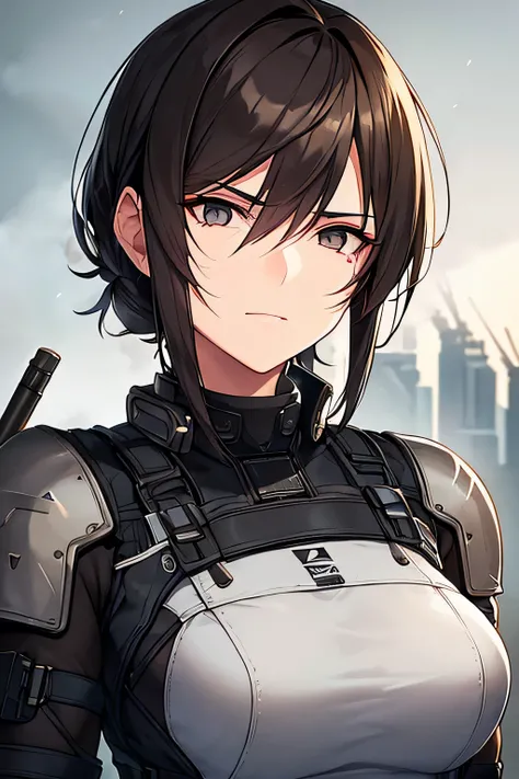 A highly detailed portrait of a middle-aged female mercenary with short, slightly graying dark brown hair and sharp gray eyes that exude experience and weariness. She has tanned, weathered skin covered in faint scars, telling the story of countless battles...