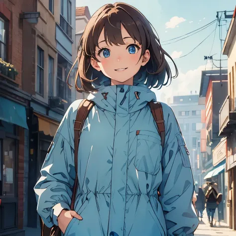 Masterpiece, best quality, A girl with Brown hair and light blue tips and blue eyes is turned around smiling at someone and wearing a hunter clothing, street background, 8k, kawaii, 