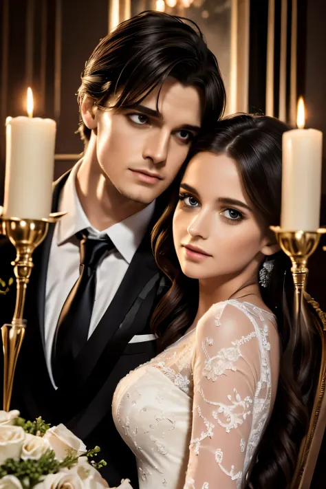 romantic couple,1girl,1man,detailed facial features,beautiful detailed eyes,beautiful detailed lips,extremely detailed face,long eyelashes,elaborate wedding dress,elegant tuxedo,passionate embrace,romantic candlelit dinner,rose petals,champagne glasses,sof...