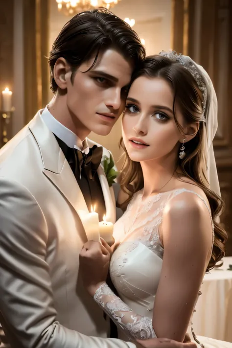 romantic couple,1girl,1man,detailed facial features,beautiful detailed eyes,beautiful detailed lips,extremely detailed face,long eyelashes,elaborate wedding dress,elegant tuxedo,passionate embrace,romantic candlelit dinner,rose petals,champagne glasses,sof...