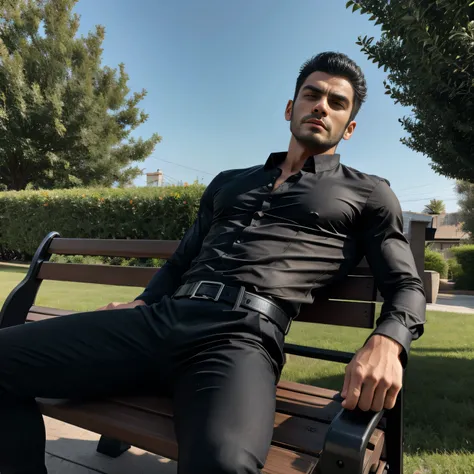 40 years old、handsome guy , One Man,、 Ekin Mert Daymaz。 black shirt 、 black slim pants 、Doğukan Polat 、garden、 Sit on a bench on the lawn。 black shirt、 black slim pants 、 upper body up　geff Bridges,　Front 　Menacing look　 black belt　 black gloves　 as seen f...