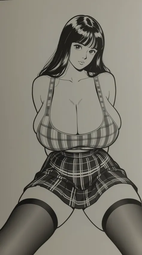 style retro classic, master piece:1.5、(minimal art, line drawing), woman、silence、An ennui look、Densely drawn, plaid tank top, huge breasts, portrait, thin waist, plaid mini skirt, thigh highs, slender legs, sexy, arms behind back, sitting, legs spread, 