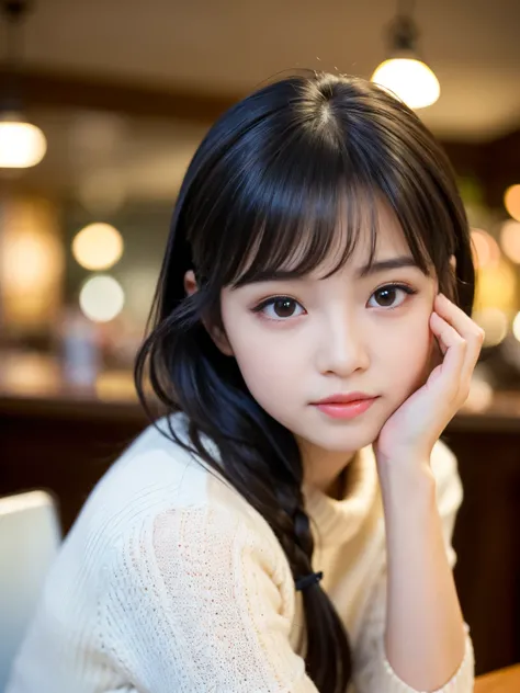 (Best-quality, Masterpiece, Ultra-High-Resolution, (Photorealistic:1.4), Raw Photo, depth of field, professional lighting, perfect anatomy, extremely details), ((at cafe, detailed cafe)), 1girl, 15-years-old, the most famous Japanese idol, sitting, looking...