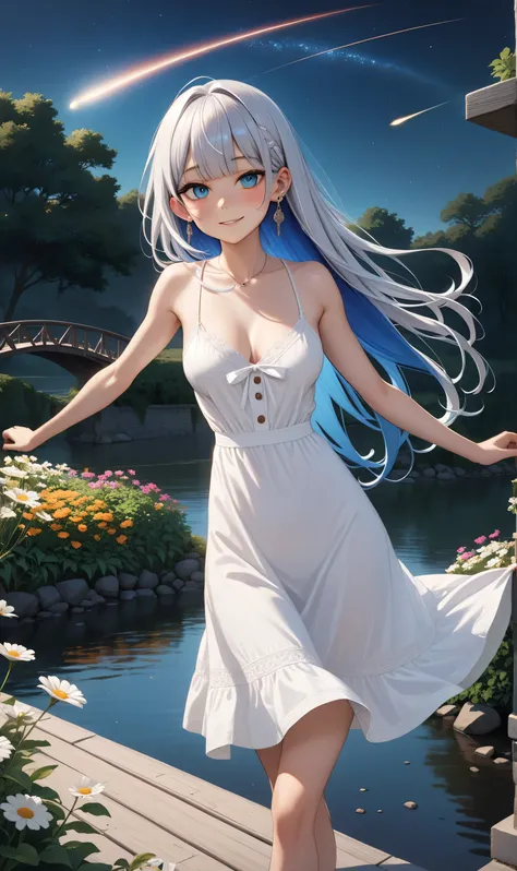 ((Random Sexy pose)), (Cute girl), ((Ultra detailing)), (very aesthetic, best quality, ultra detailed), intricate details, 1girl, silver hair, (Random hairstyle), Blue inner hair  ,,((Detailed eyes)), ((Beautiful eyes)), ((prefect eyes)), sharp jawline, lo...