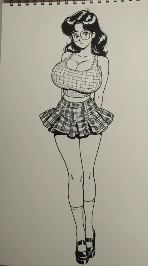 style retro classic, master piece:1.5、(minimal art, line drawing), woman、big anime eyes, silence、An ennui look、glasses, Densely drawn, plaid tank top, huge breasts, portrait, thin waist, plaid mini skirt, thigh highs, slender legs, sexy, arms behind back, 