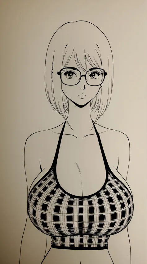 style retro classic, master piece:1.5、(minimal art, line drawing), woman、big anime eyes, silence、An ennui look、glasses, Densely drawn, plaid tank top, huge breasts, portrait, thin waist, upper body, 