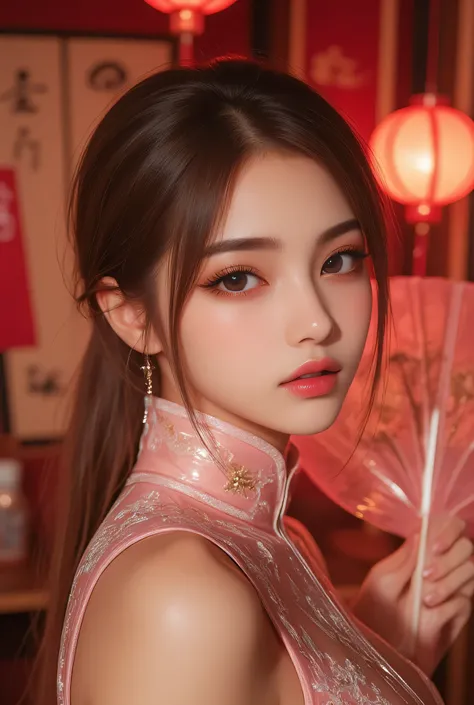 Cat ears、 face up, attractive, pretty girl, ponytail、 (( fine facial features , eroticism)), dramatic lighting , realistic , 8k, Dramatic Shadows , intricate and elaborate patterns , super detailed photo , chiaroscuro lighting , Pleasant colors , deep cont...