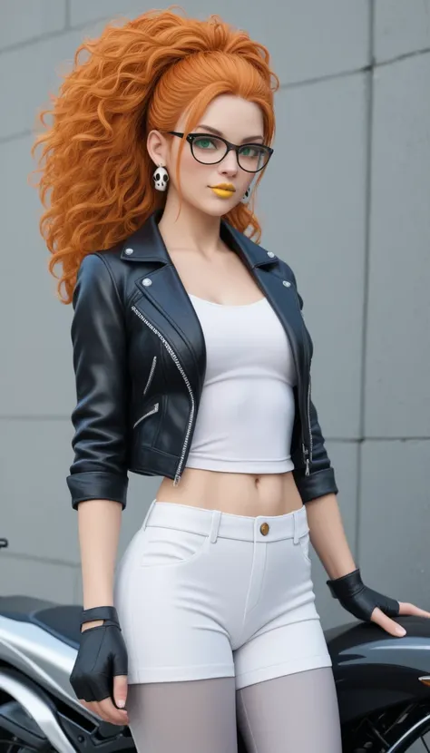 1 ,   masterpiece,       High quality vaccines,      ultra realistic, silky hair, long hair,    dark orange hair ,  ,    big hair,  black biker lens dark glasses,  green eyes, yellow lipstick,  an illegal biker ,    blue leather jacket  ,   white blouse un...