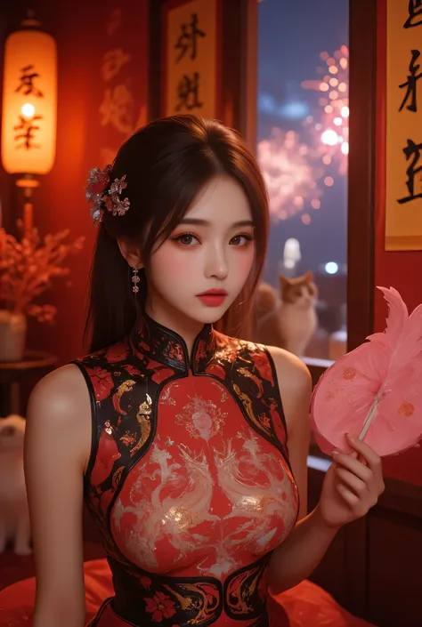 Cat ears、 face up, attractive, pretty girl, ponytail、 (( fine facial features , eroticism)), dramatic lighting , realistic , 8k, Dramatic Shadows , intricate and elaborate patterns , super detailed photo , chiaroscuro lighting , Pleasant colors , deep cont...