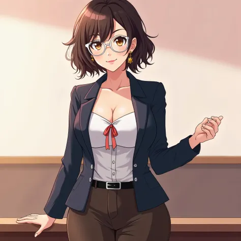 A stunning anime-style female teacher with a curvy hourglass figure, a large chest, and noticeable cleavage. She has short, wavy dark brown hair that reaches just above her shoulders, with a few loose strands elegantly framing her soft, fair-skinned face. ...