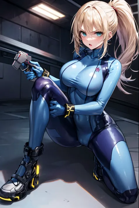 masterpiece, best quality, integrated scenery, integrated background, extremely delicate and beautiful, meticulous details, good composition, , cute face, perfect face, perfect hands,  1girl, Samus Aran (\Metroid\) ,solo, ponytail, blond hair, (blue_metall...