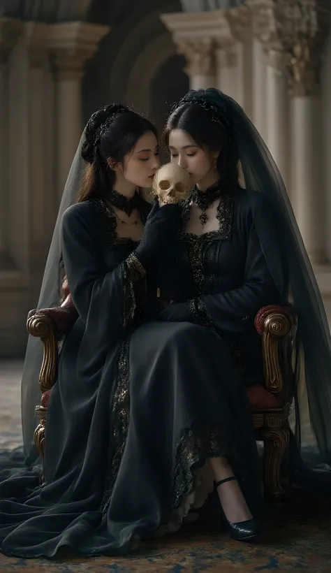 Love Across Time , high quality, Gothic horror, a girl, alone , from the front , After night , Queen of Darkness, Ebony Long Hair, long eyelashes, Eyes closed , [Narrow face , mol, wet lips , Slim Body , Medieval European Black Robe , high colla...