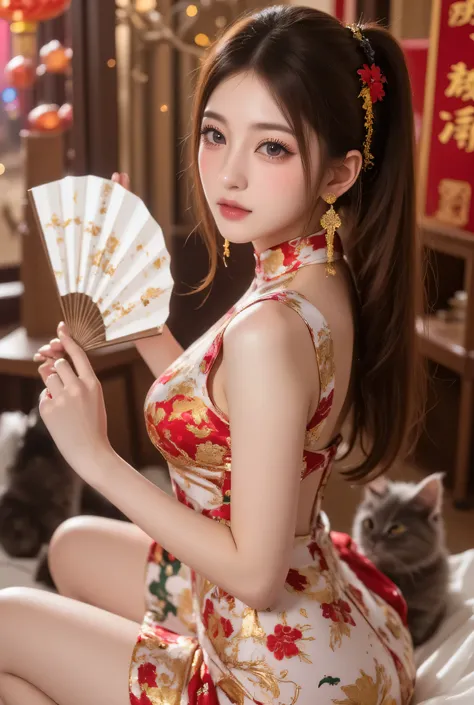 Cat ears、 face up,  attractive,   pretty girl, ponytail、  ((   fine facial features  , eroticism)),   dramatic lighting    ,  realistic , 8k,     Dramatic Shadows  ,    intricate and elaborate patterns     ,      super detailed photo      ,     chiaroscuro...