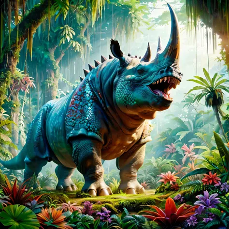 A vibrant, prehistoric jungle scene featuring a large, colorful rhinoceros-like dinosaur standing majestically amidst lush, green foliage. The creature has a prominent, curved horn, textured skin in shades of grey, Spikes coming out of its back and vibrant...