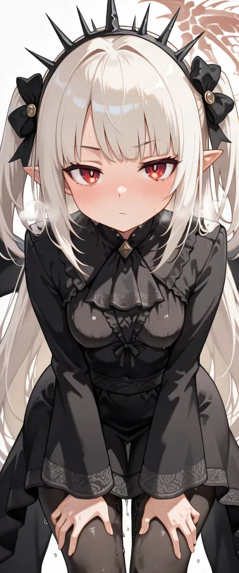 a-bao a qun - the lightless shadow, 1girl, solo, hot, steaming, steaming body, sweat, sweating, sweaty, sweaty body, wet, wet body, dripping, dripping sweat, blushing, bored face expression, closed mouth, squinted eyes, (((white background))), simple backg...