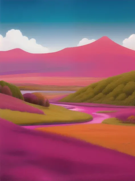 painting of a landscape with a river and mountains in the background, digital art by Tom Scott RSA, reddit, digital art, pink landscape, pink grass, greig fraser, rhys lee, artist - phil moss, magenta colours, moorland, gorgeous art, nicolas bouvier sparth...