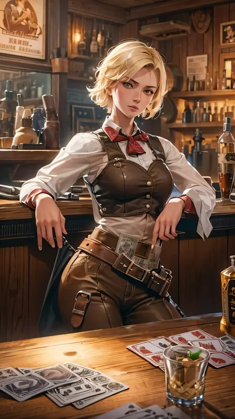  in high definition、 short-haired female cowboy in a western bar, blond, Seated , flip cards, table Wisky,piano, 6 round revolver ,Touch a handgun 、barrel, table,Trump,Dust, artwork,3d,4K,  Details, by Nomi